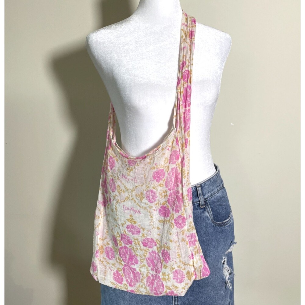 Free People Reusable Floral Tote Bag Pink Cream Muslin Gauze Boho Casual Beach